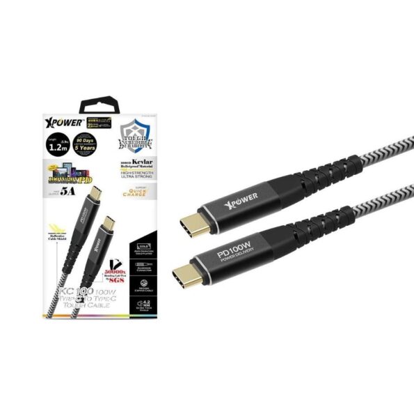 CABLE TYPE-C TO TYPE-C SYNC & CHARGE KC 1.2M KEVLAR BULLETPROOF MATERIAL BLACK XPOWER -20284