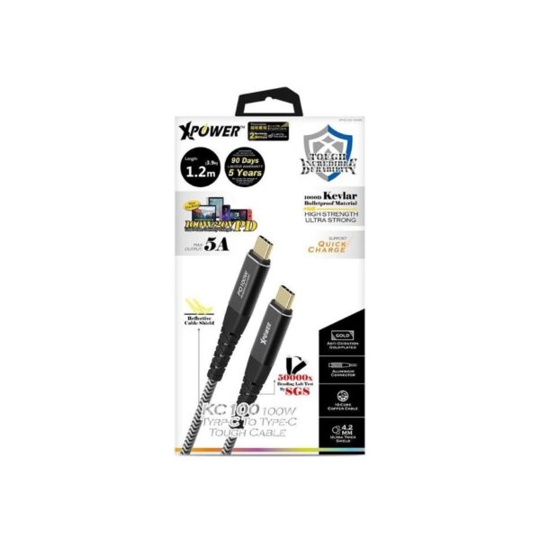 CABLE TYPE-C TO TYPE-C SYNC & CHARGE KC 1.2M KEVLAR BULLETPROOF MATERIAL BLACK XPOWER -20285