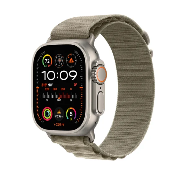 ⁦Apple Watch Ultra 2 GPS + Cellular، هيكل من التيتانيوم مقاس 49 ملم مع حزام جبال الألب الزيتوني - MRF03 (كبير)⁩ - الصورة ⁦2⁩